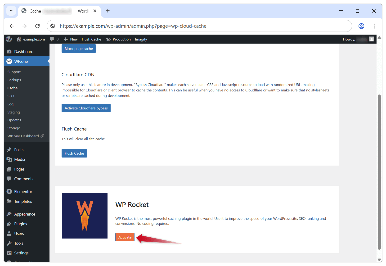 Gif animation showing how to install WP Rocket thorugh WP.one plugin.
