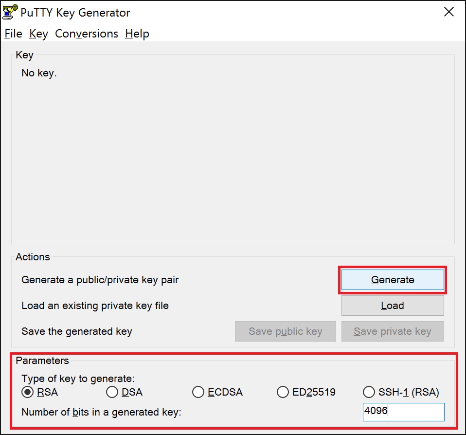 Kies de parameters voor het aan te maken key pair. bijvoorbeeld RSA en 4096 bits.