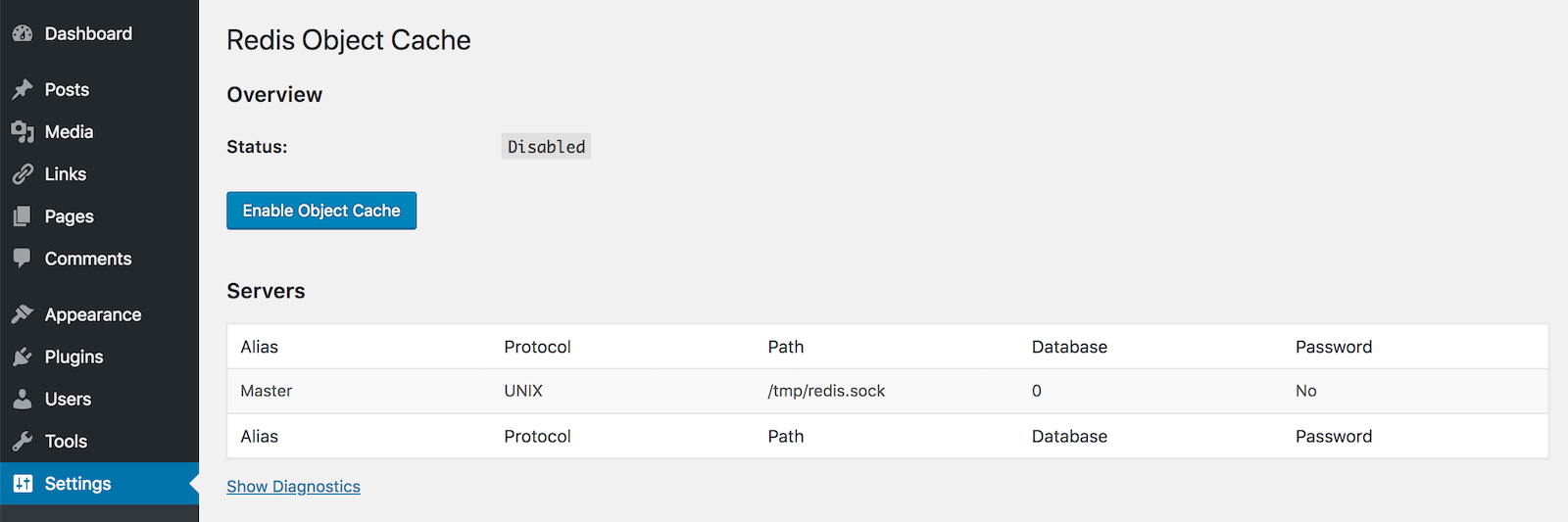 Klik daar op 'Enable Object Cache' om Redis te activeren.