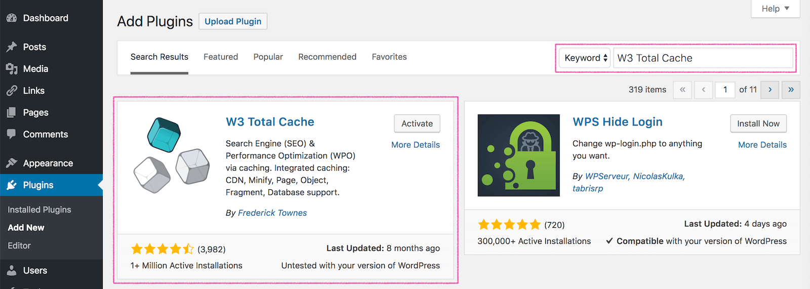 Zoek op 'W3 Total Cache', installeer de plugin en klik daarna op 'Activate'.