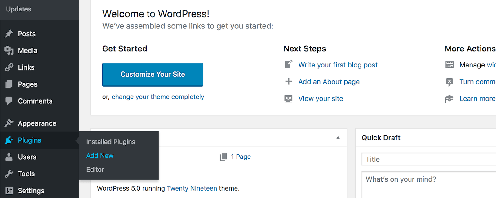 Klik links in het menu op 'Plugins' en dan op 'Add New'.