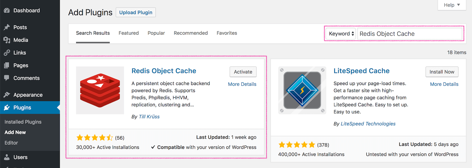 Zoek op 'Redis Object Cache', installeer de plugin en klik daarna op 'Activate'.