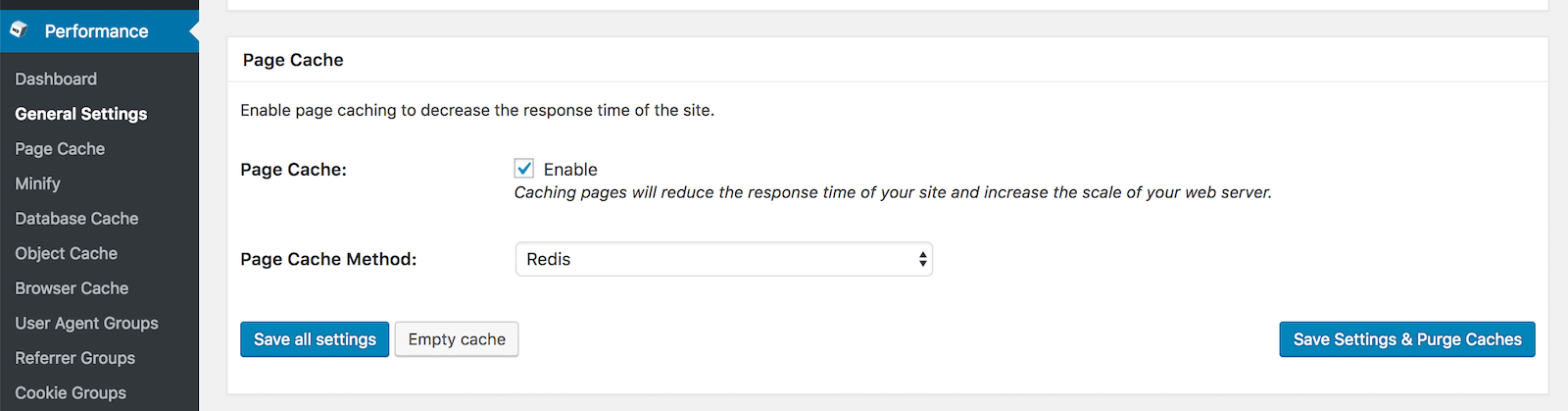 Vink 'Enable' achter 'Page Cache' aan en zet 'Page Cache Method' op 'Redis'.