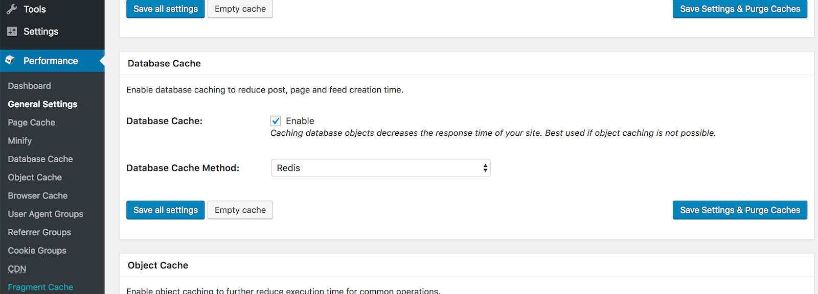 Zet achter 'Database Cache' een vinkje bij 'Enable' en wijzig de 'Database Cache Method' naar 'Redis'.